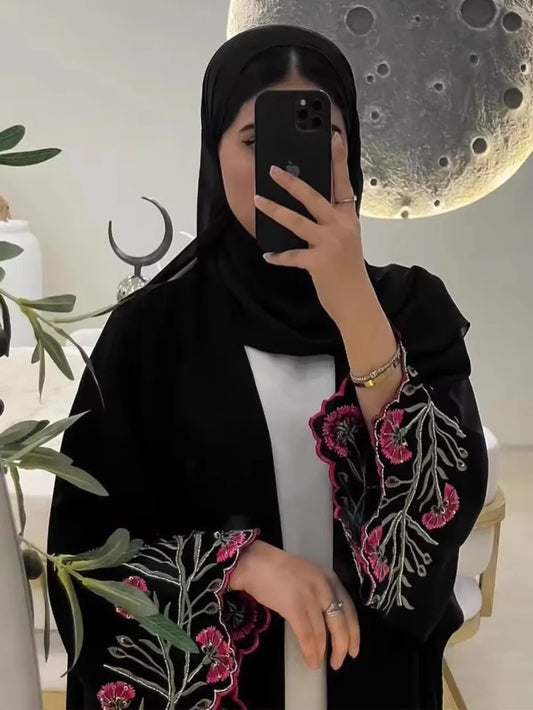 Emroidered Sleeve Open Front abaya